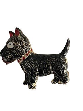 Vintage Scotty Dog Brooch Black Enamel Terrier Pin Red Collar Gold Tone 1980s